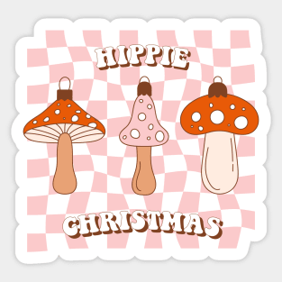 Vintage Merry Mushrooms. Retro vintage Christmas groovy toys of mushroom on checkerboard background. Sticker